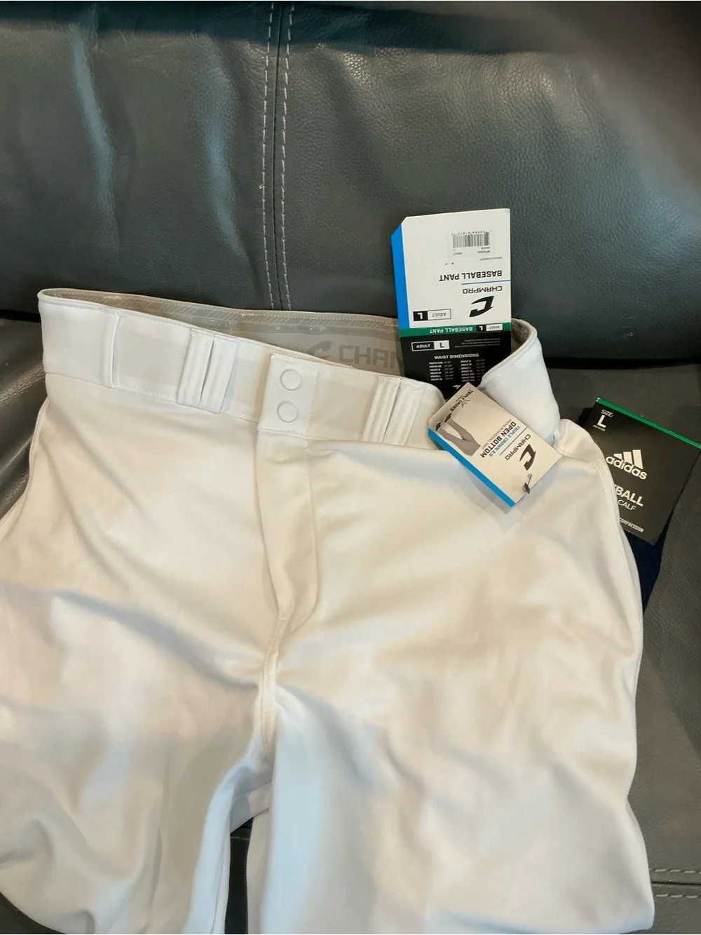 Champro Men's White Baseball Pants Large New with tags and Adidas Navy socks L